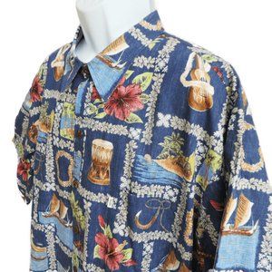 Vintage Paradise Bay Hawaii Aloha Shirt Reverse Print Leis Flowers Bongos 3XL